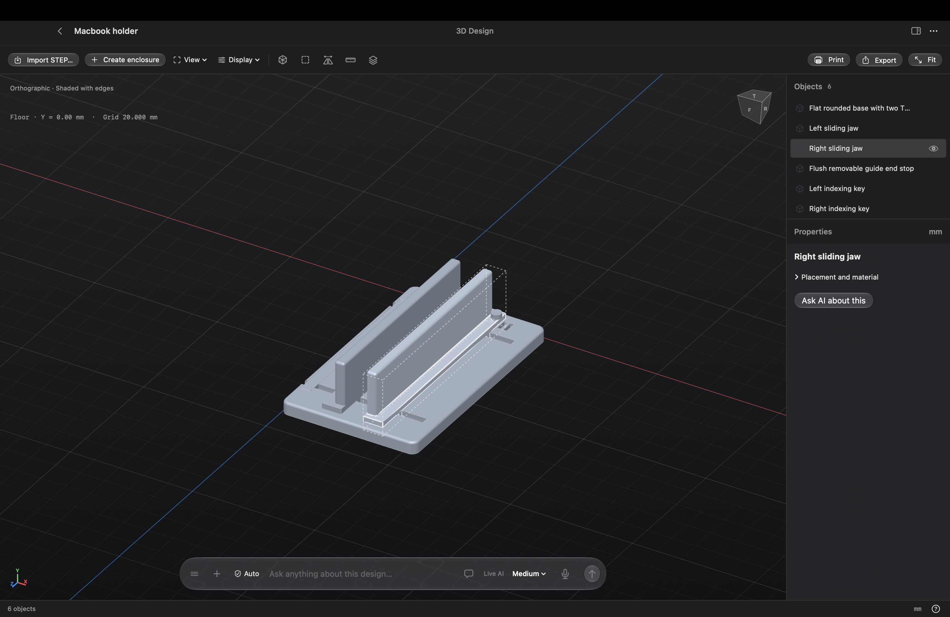 Lathe full canvas CAD view showing a MacBook holder model, object list, and selected part properties