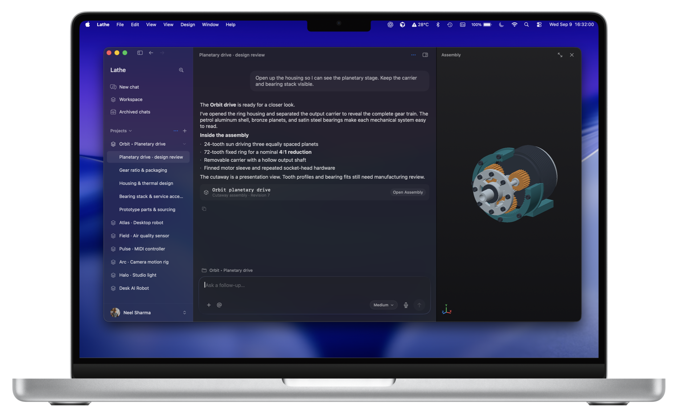 Lathe showing a planetary drive design conversation alongside its 3D assembly on a MacBook