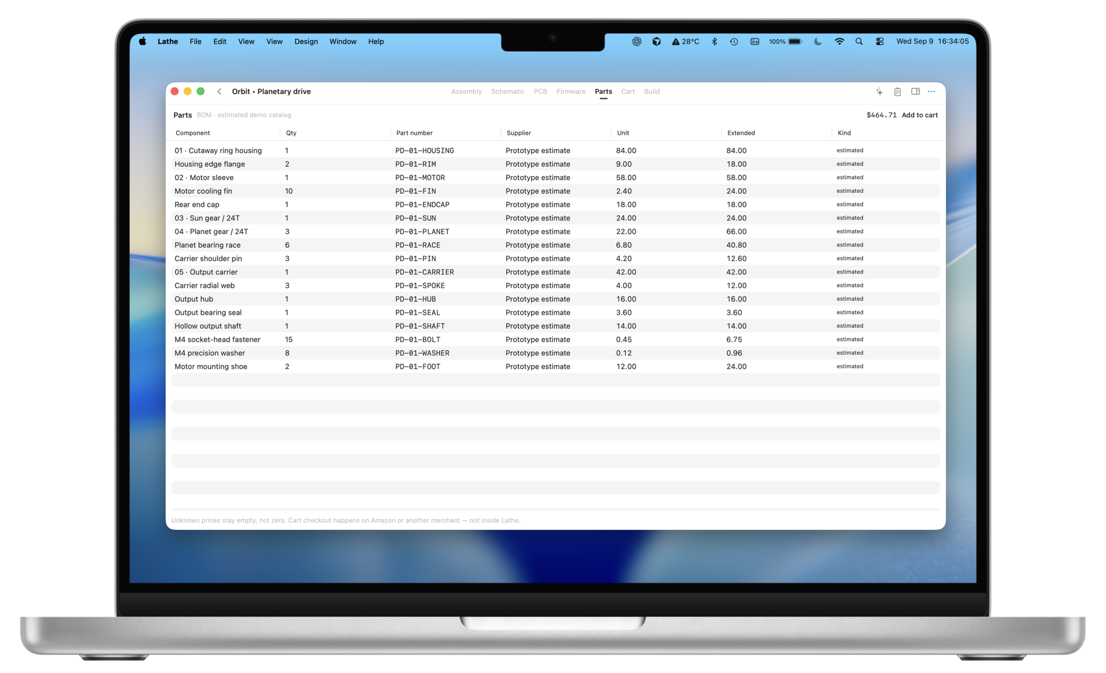 Lathe’s parts list with component quantities and estimated costs