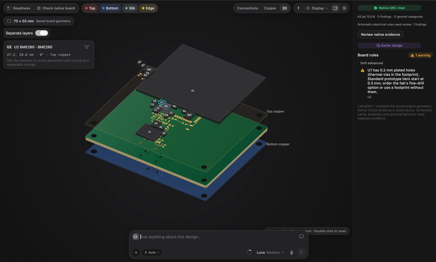 Lathe PCB workspace showing a temperature sensor board with its copper layers separated in 3D